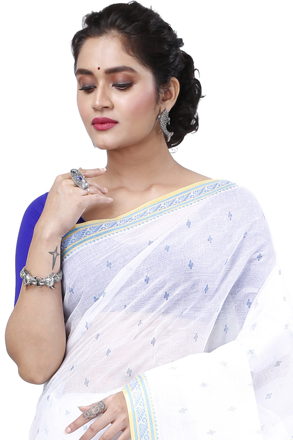 White Blue Pure Cotton Regina Tant Saree (987)